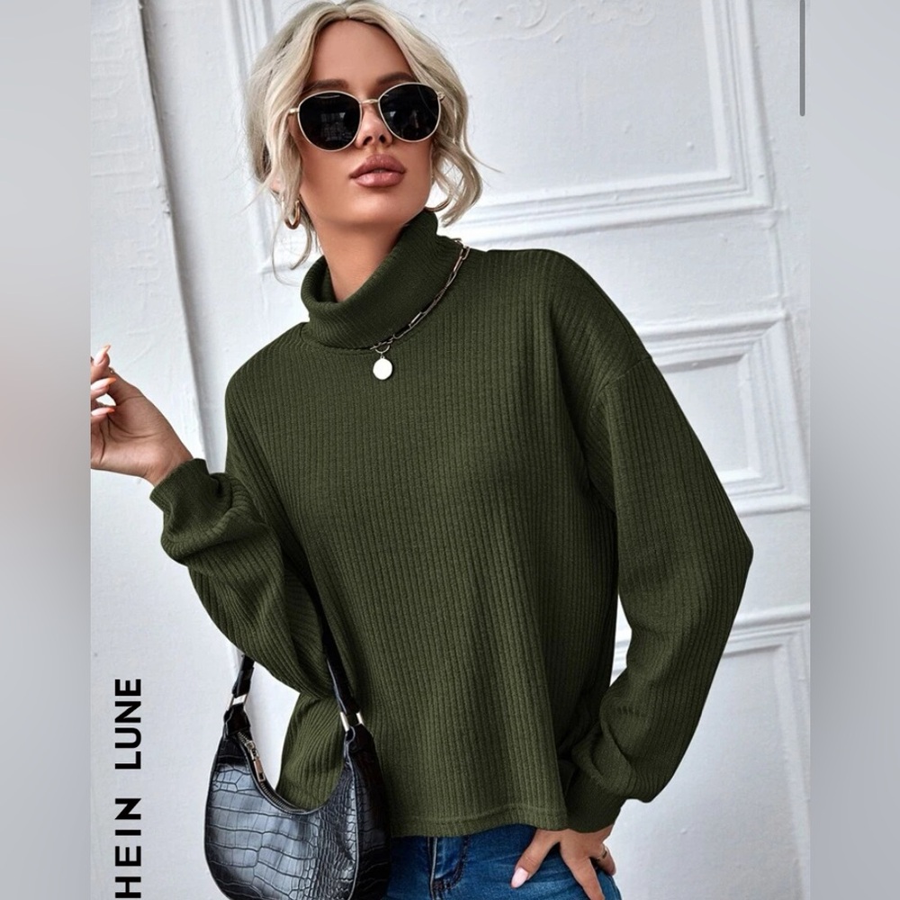 SHEIN LUNE Funnel Neck Solid Rib-knit Top